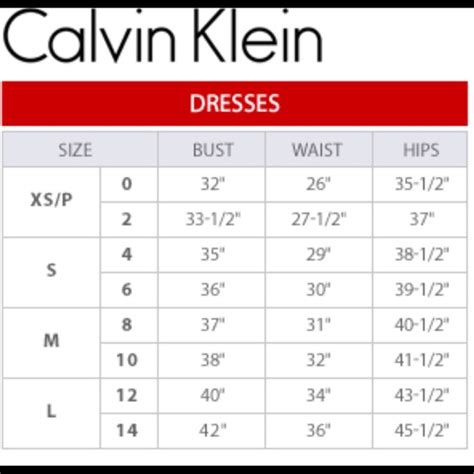 calvin klein dress size chart.